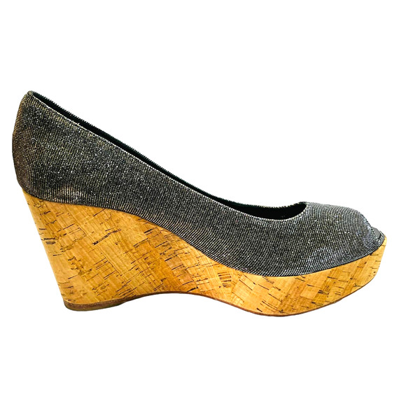 Stuart Weitzman Grey Lurex Glitter Anna Cork Wedge Platform Peep Toe Pumps 9.5 - Picture 7 of 13